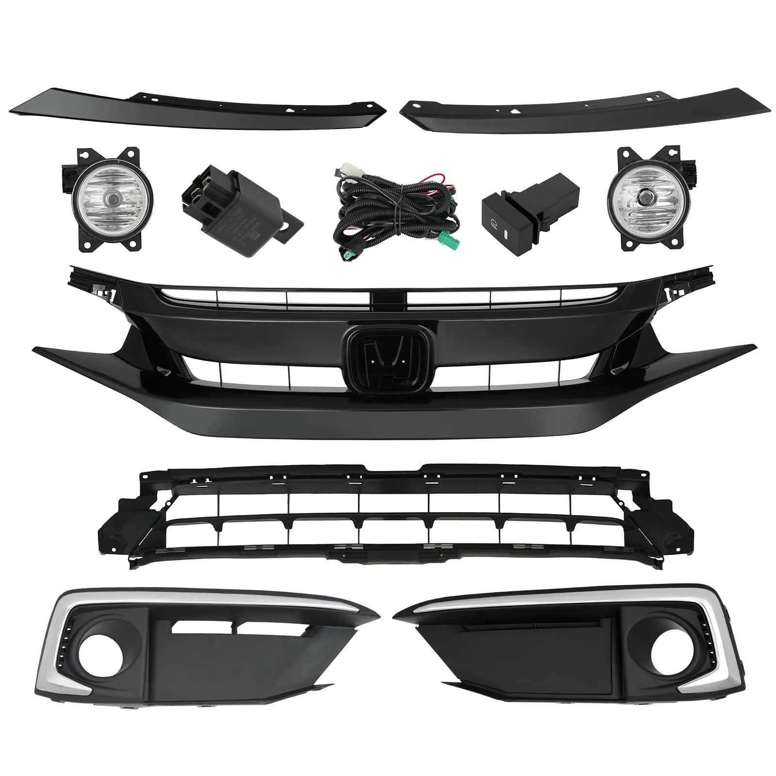 

Partzer Front Upper Lower Grille Fog Lights Kits Set 8pcs Fits for Honda Civic Sedan 2019-2021