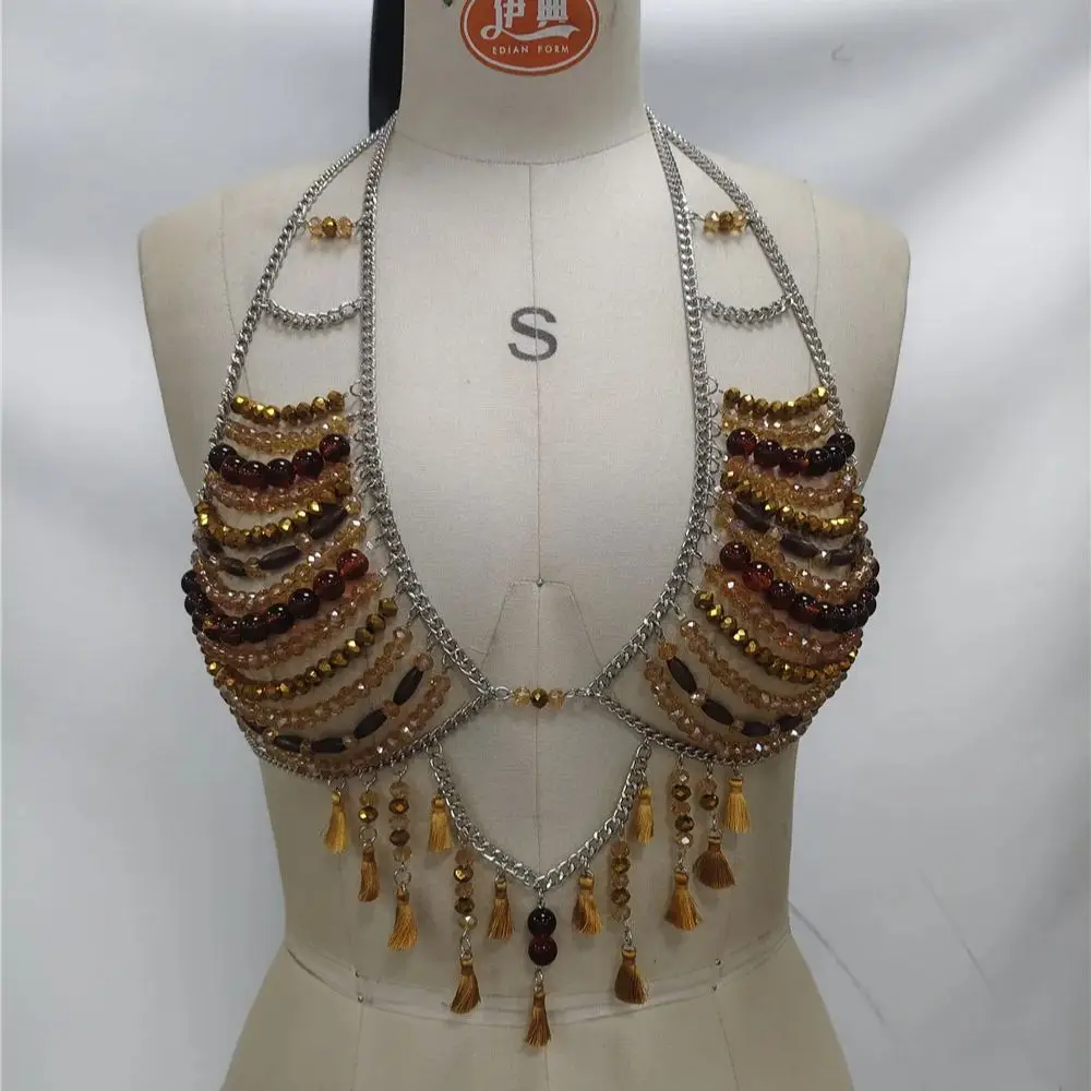 European & American Handmade Beaded Body Chains Multi-Layer Fringe Neck Chains Nightclub Fashionista Layered Outfits