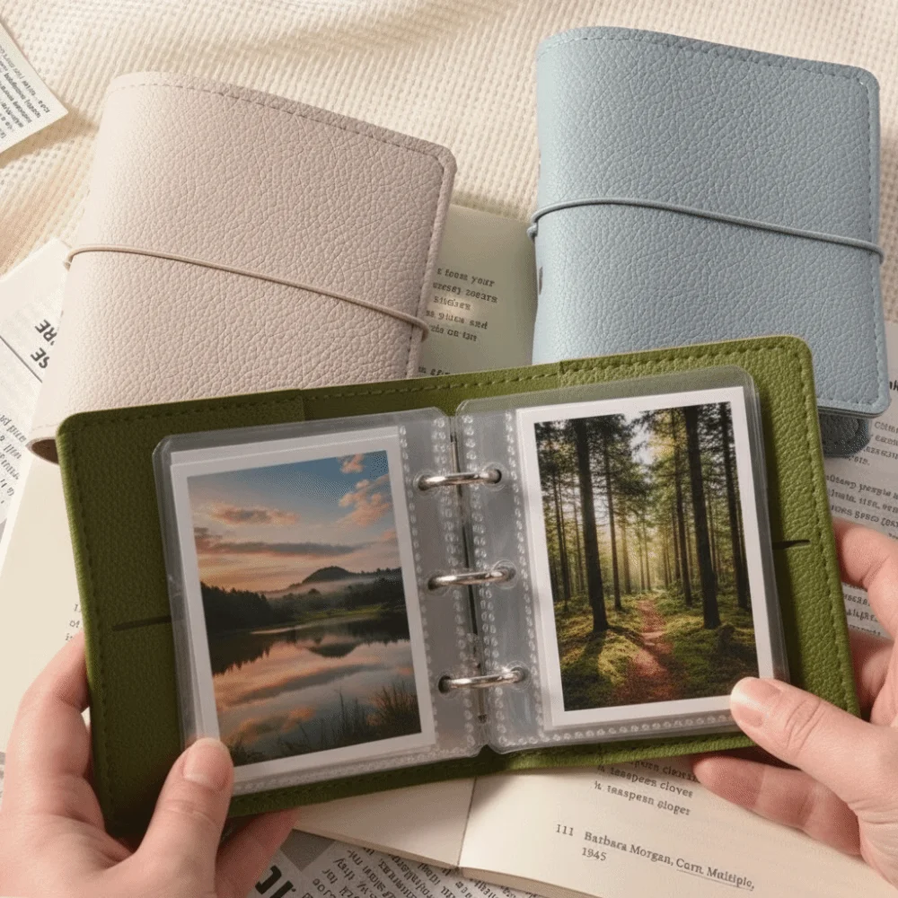 Quality Faux Leather Mini Photo Album Transparent Pages 25 Pages Pocket Photo Album Photo Display with 3-Ring Loose-Leaf Album