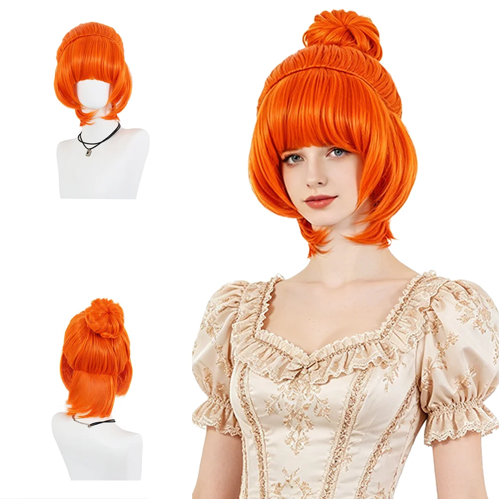 Lucy Wilde Cosplay Wig Bright Orange Bun Wig with Bangs Heat Resistant Synthetic Hair For Halloween Anime Cosplay Party