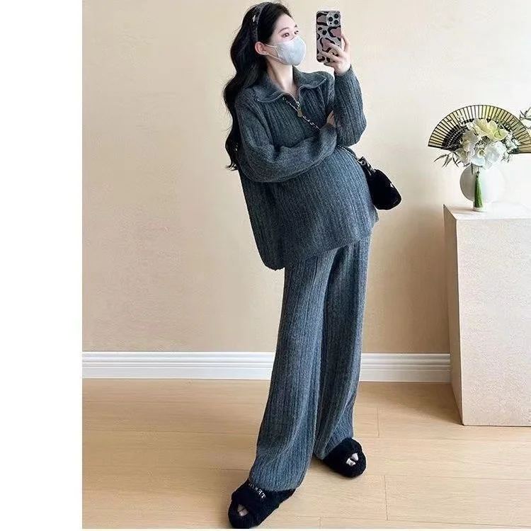 Nový podzimní zimní těhotenský set 2025, dámský pletený top s límcem na zip a široké kalhoty, dvoudílný těhotenský outfit - náhled 4