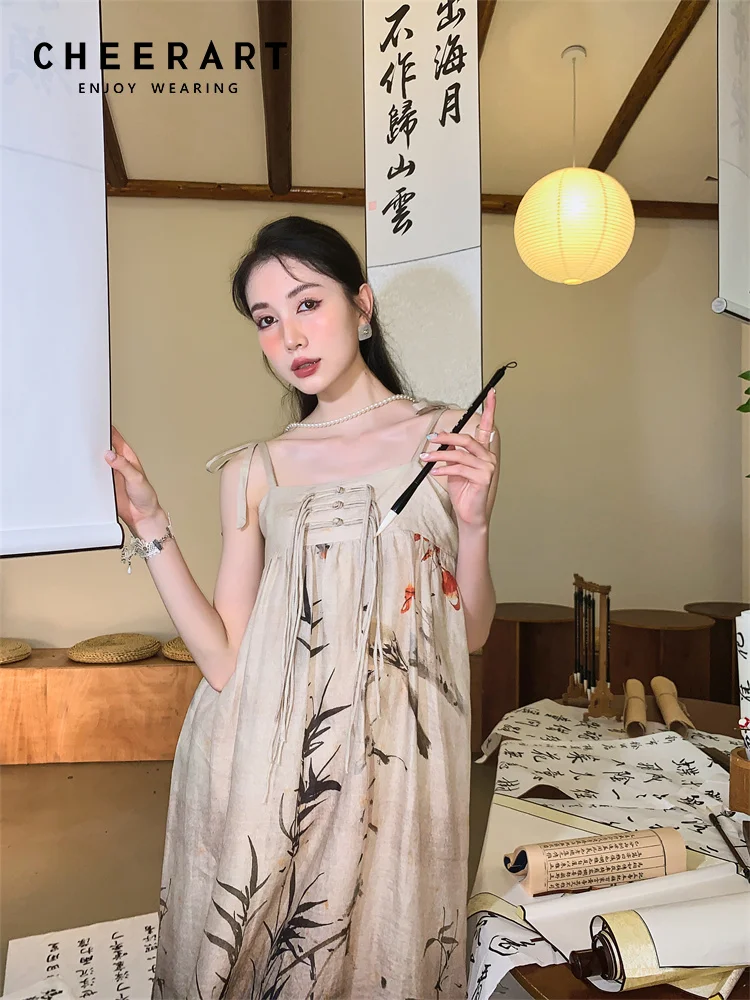 CHEERART Bamboo Ink Painting Vintage Slip Dress For Women 2022 Sundress Long Midi Fashion Designer Chinese Dress Summer Clothing