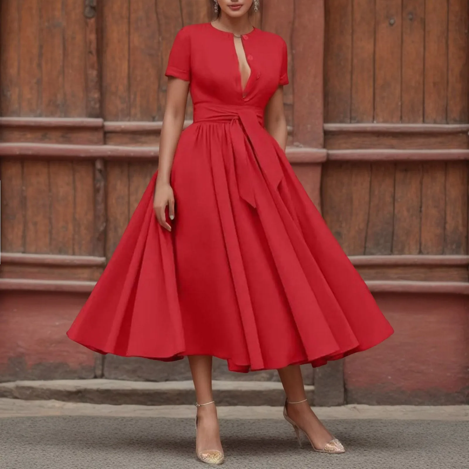 Vestidos de cóctel para mujer, ropa elegante con clase, manga corta, cuello en V profundo, cintura anudada, línea A, rojo, Vintage, Retro, fiesta, 2024