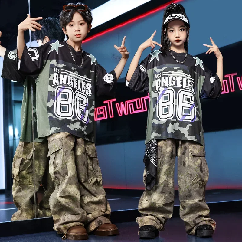 Jungen Hip Hop Tanzkostüm Kinder Armee Grün Top Camouflage Cargohose für Kinder Mädchen Jazz Street Performance Kleidung