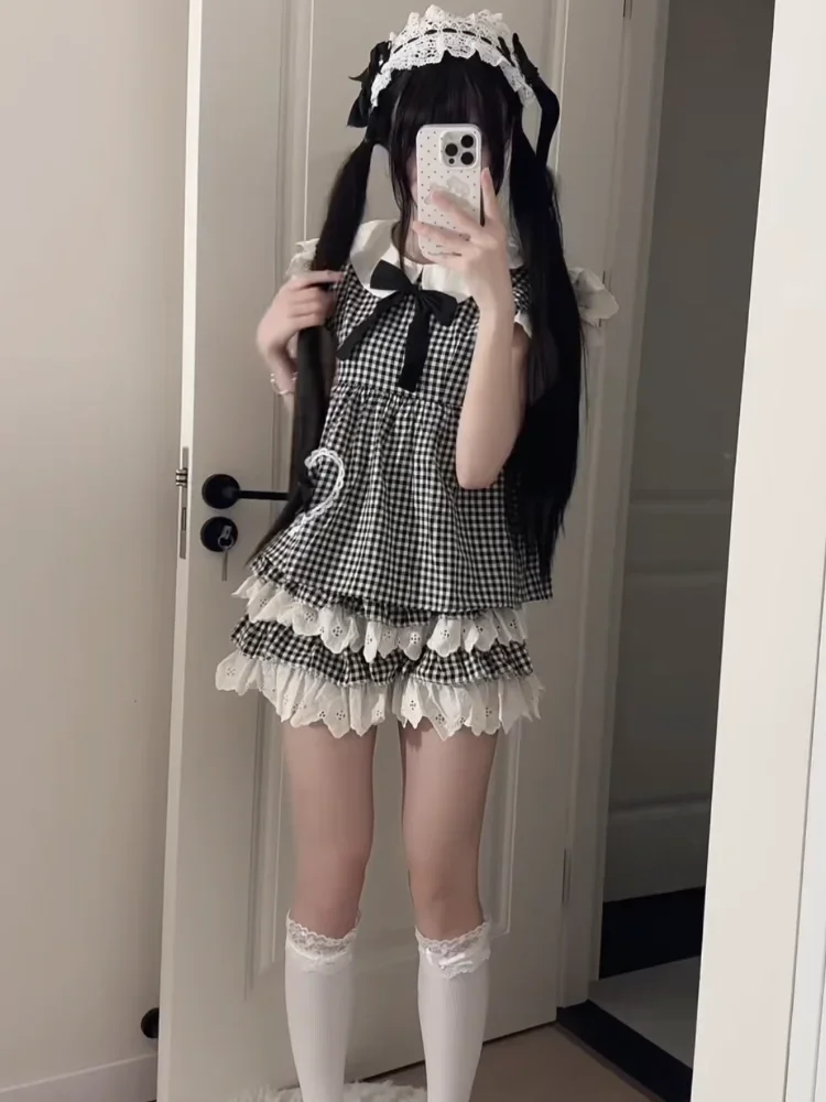 تحلق كم قميص عالية الخصر الدانتيل لصق منتفخ تنورة خمر فتاة لوليتا دمية الرقبة منقوشة 2025 مجموعة قطعتين مجموعات النساء sedf3 #3