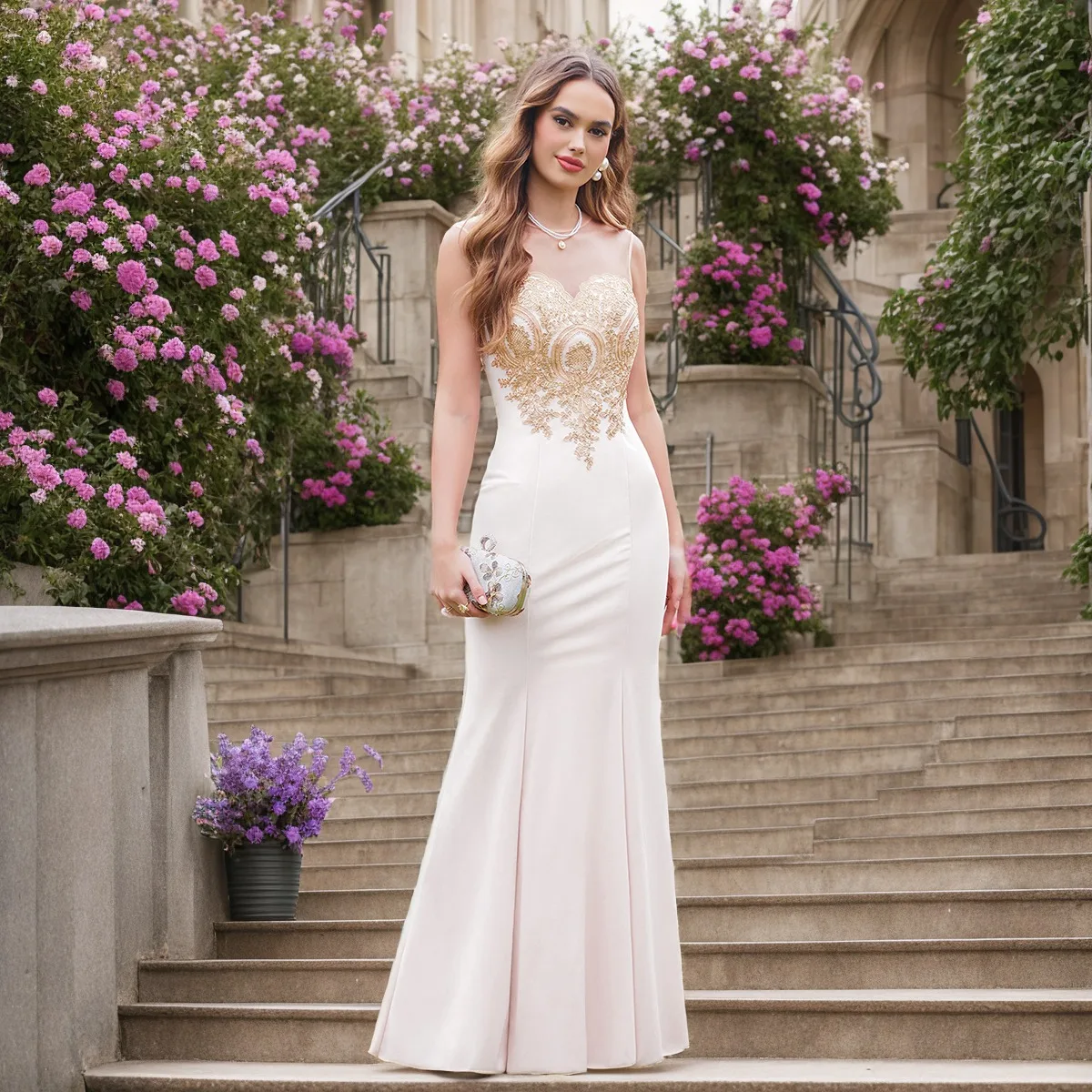 

Women Sexy Mermaid Gown Illusion O-Neck Backless Long Dresses Lace Applique Sweetheart Collar Floor-Length Trumpet Evening Dress