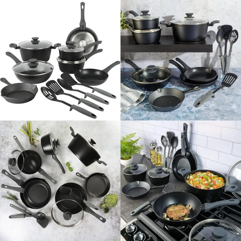 

Gibson Soho Lounge 15-Piece Nonstick Forged Aluminum Induction Cookware Set with Cast Iron Skillet, Black