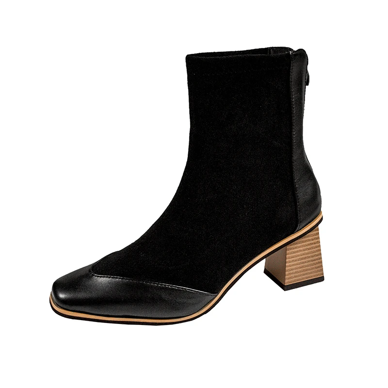 Botas de tornozelo femininas de salto alto camurça sapatos grossos novas botas de neve 2025 inverno elegante goth zip bombas dedo do pé quadrado feminino chelsea botas