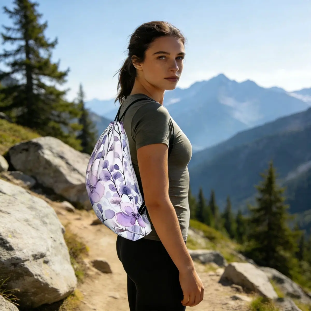 Light Purple Floral Pattern Backpacks Fashion Drawstring Bundle Pocket Sports Bag Book Bags for Man Woman Students