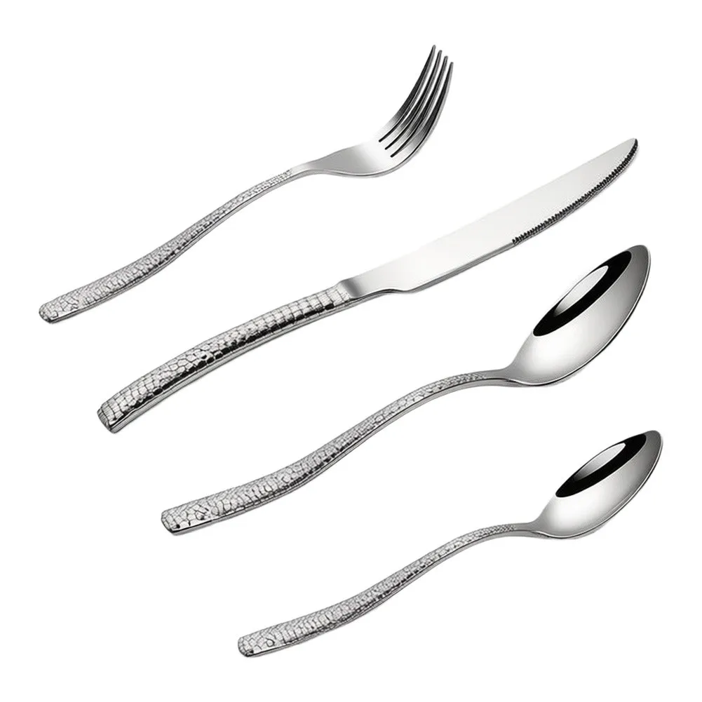Polished Stainless Steel Cutlery Set 4-Pc Designed with Non-Slip Hammered Handles for Reliable Daily Functionality