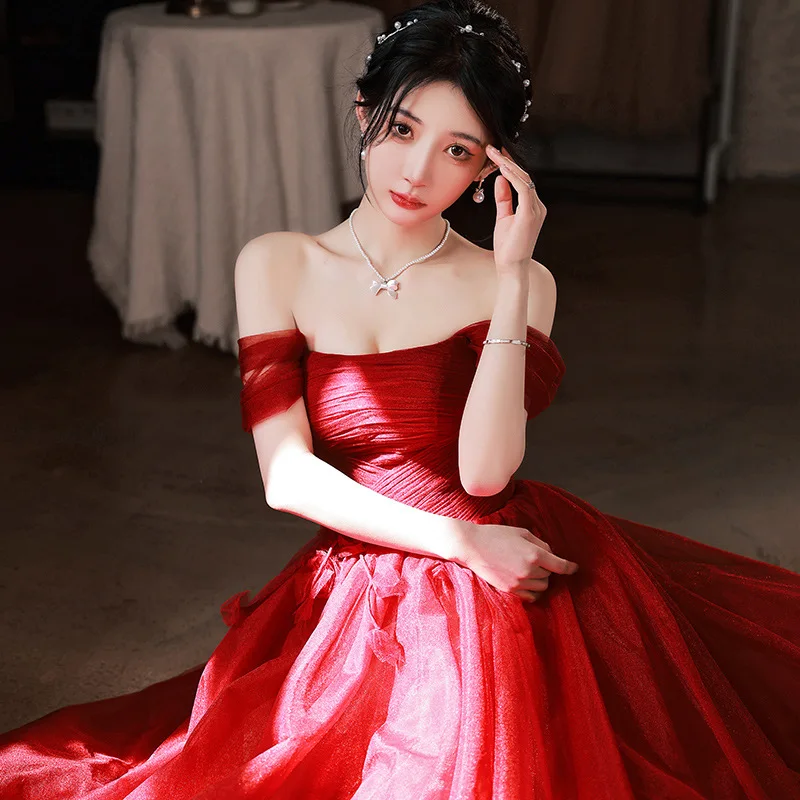 Women Burgundy Tube Top Prom Party Dresses Sexy Backess Long A-line Tulle Formal Dress Toast Clothing