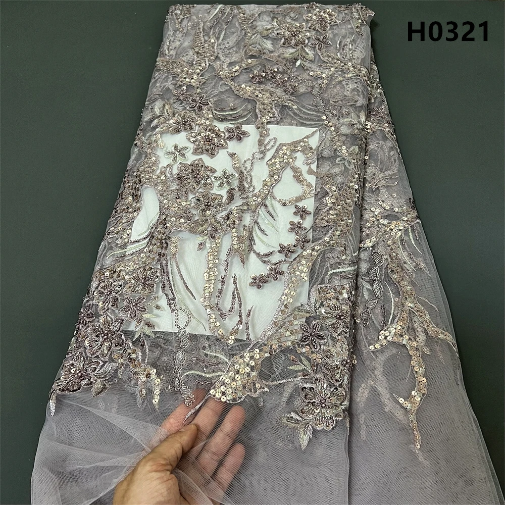 2024 African Nigeria High Quality Tulle Lace Fabric Sequins Embroidery Wedding Party Guipure Dress Beads Stone 5Yards H0321