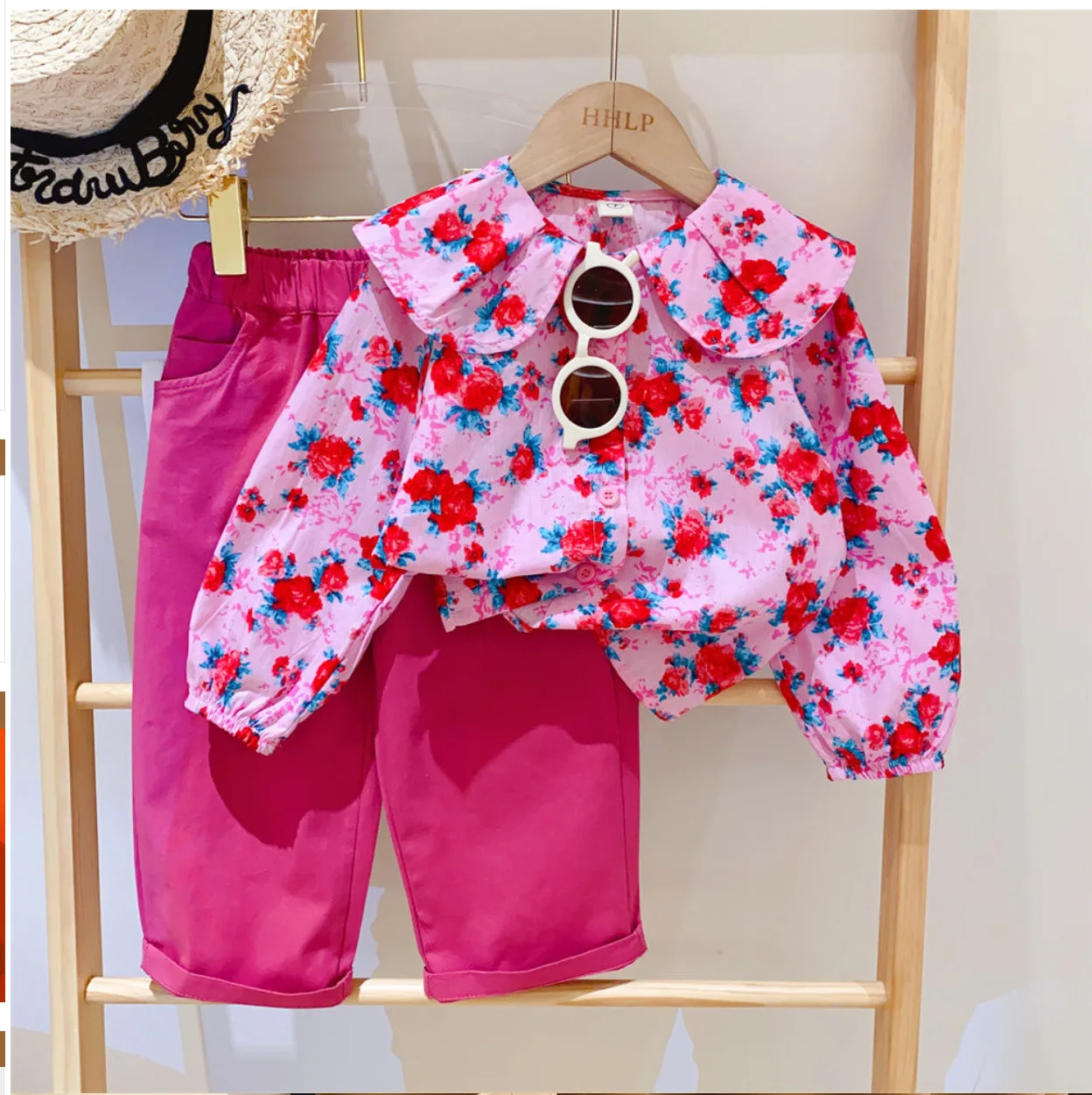 Girls Spring  Autumn Clothes Suit 2023 Children\'s Doll Collar Rose Long-sleeved Shirts + Casual  Pants Two-piece Clothing Sets