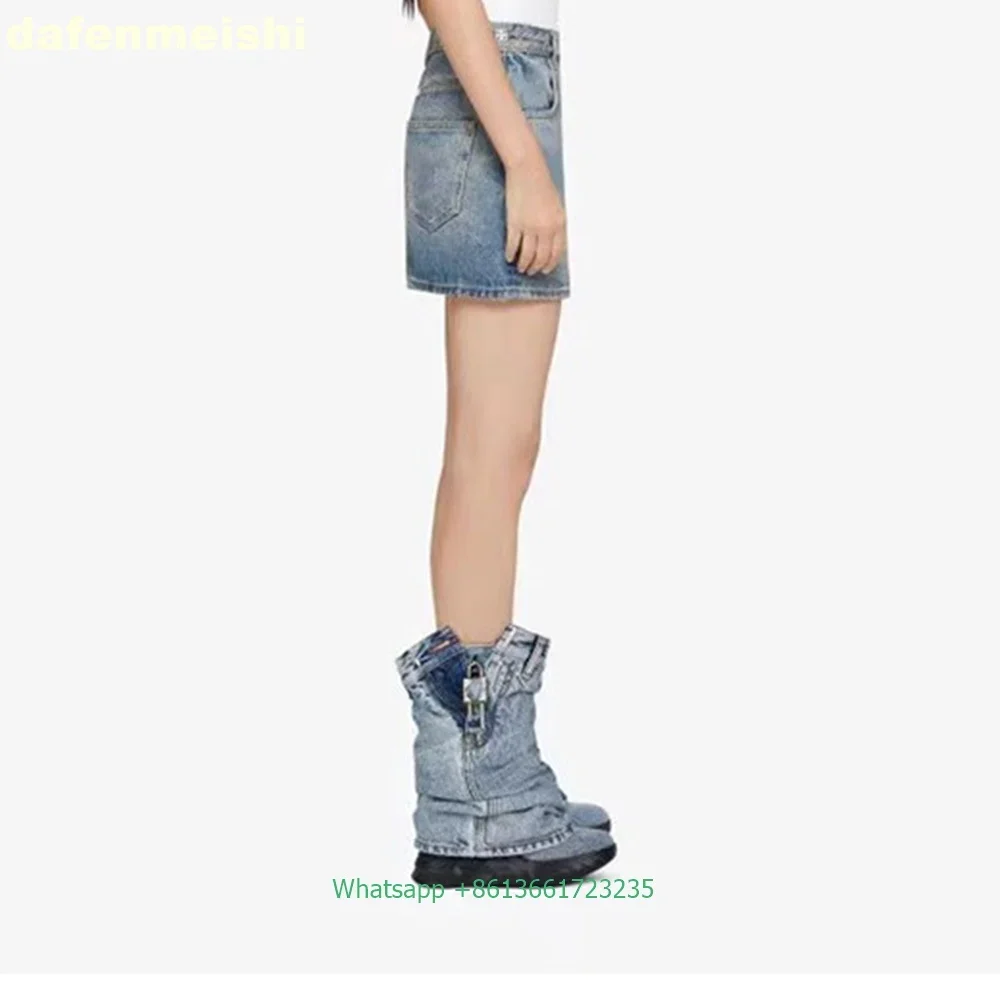 2025 New Thick Bottom Shark Boots Round Toe Wedge Black Denim Metal Lock Mid-Calf Boots Side Zipper Large Size Trouser Boots