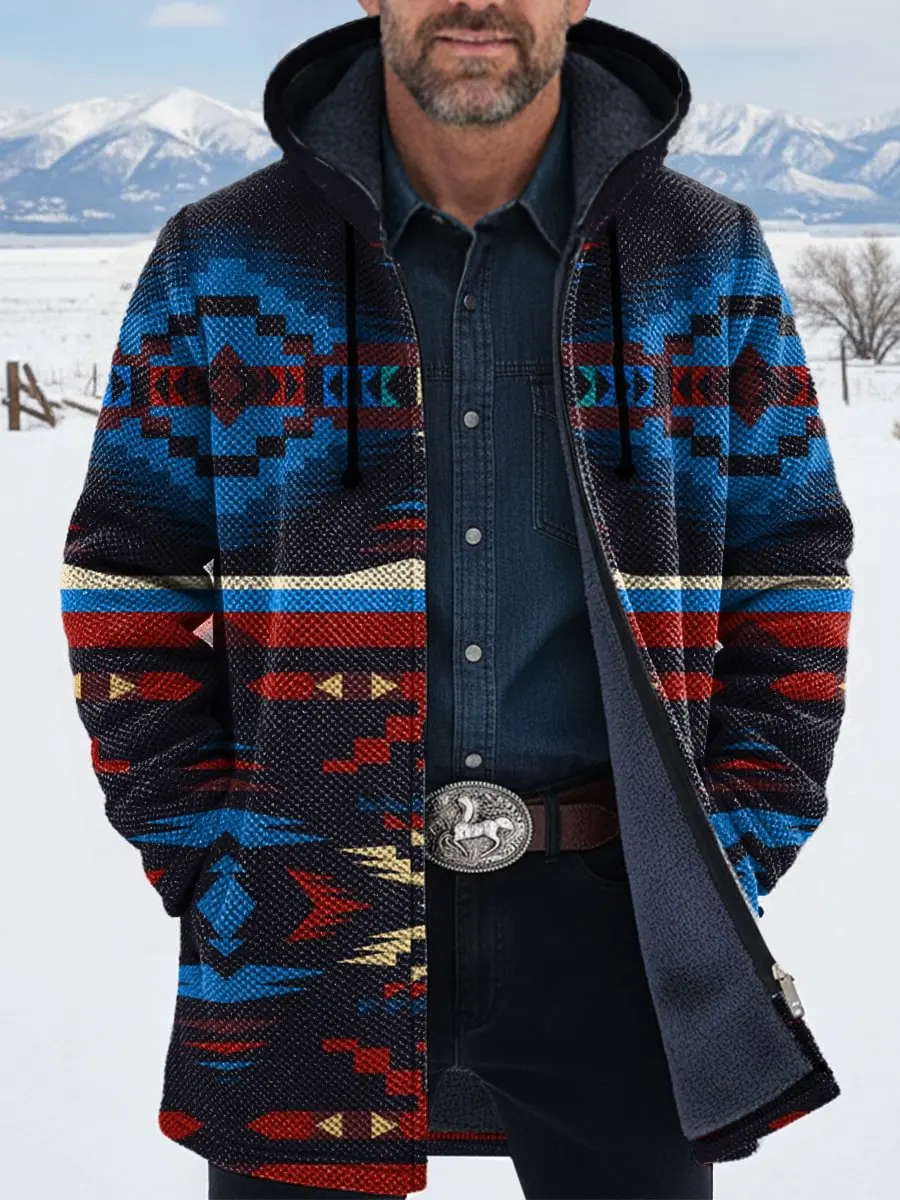 Vintage Aztec Art 3D Printed Plush Thick Long-Sleeved Cardigan Coat Men's Thick Warm Jacket 01