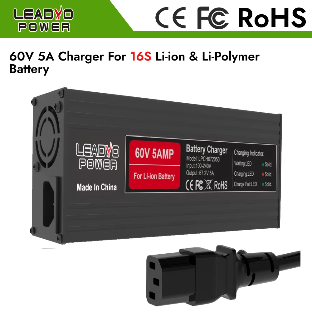 67.2V 5A Battery Charger 16S 60V Lithium ion battery For Electric Motorcycle With IEC Charger Port