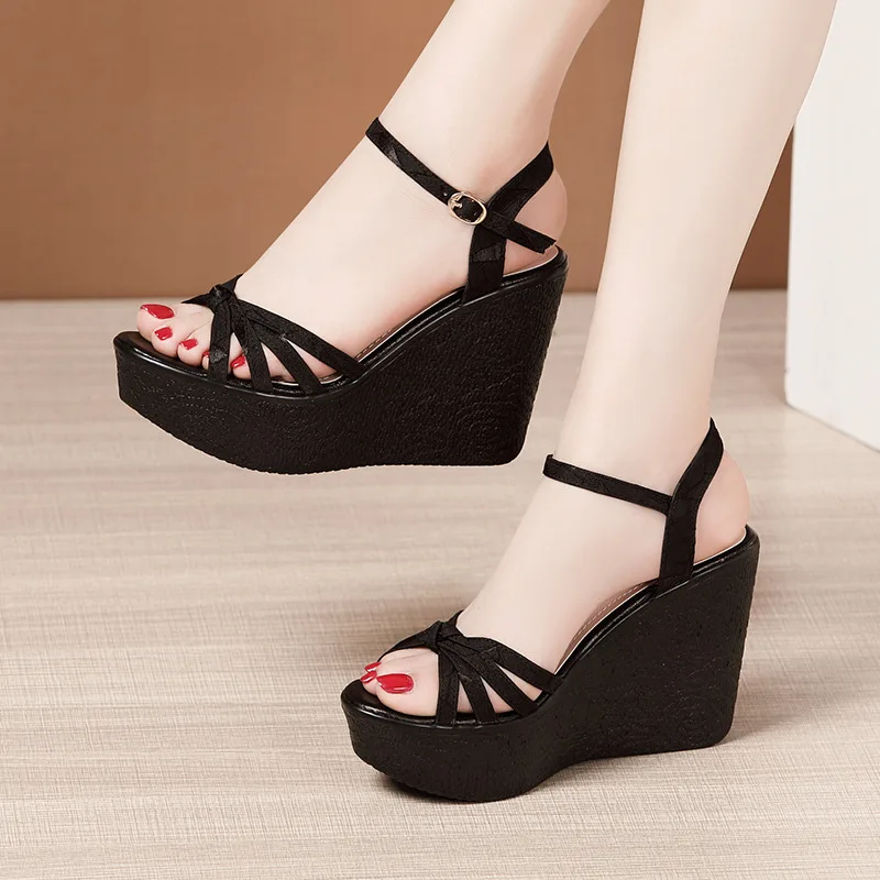 High quality summer wedge sandals for women 11cm high heel new 2024 size 32 33 42 43 platform open toe elegant shoe black beige