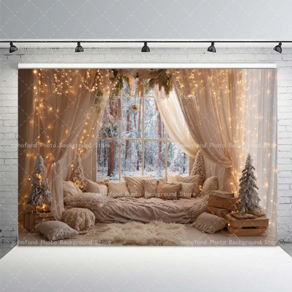 

Mehofond Photography Background Winter Christmas Tree Beige Curtains Pillows Forest Carpet Kids Family Portrait Backdrop Decor