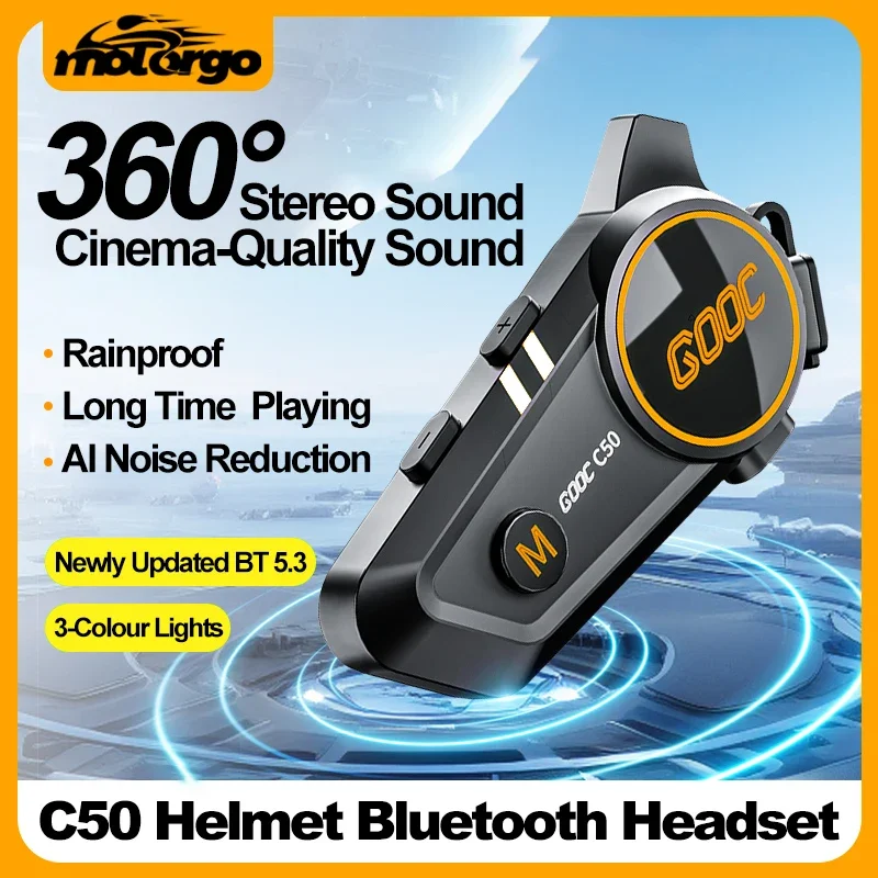 C50 Motorcycle Bluetooth Helmet Headset V5.3 Tri-Colorful Lights Earphone IPX6 Waterproof Support Connecting 2 Phones Same Time