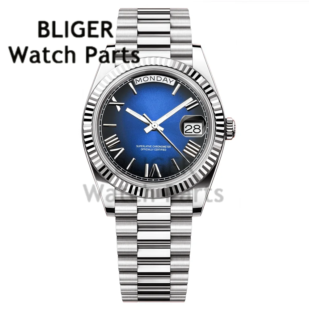 BLIGER ミヨタ 8285 機械式 メンズ 36mm/39mm 曜日表示 腕時計 プレジデント ストラップ スチール ダイバー 高級 ゴールドウォッチ メンズ