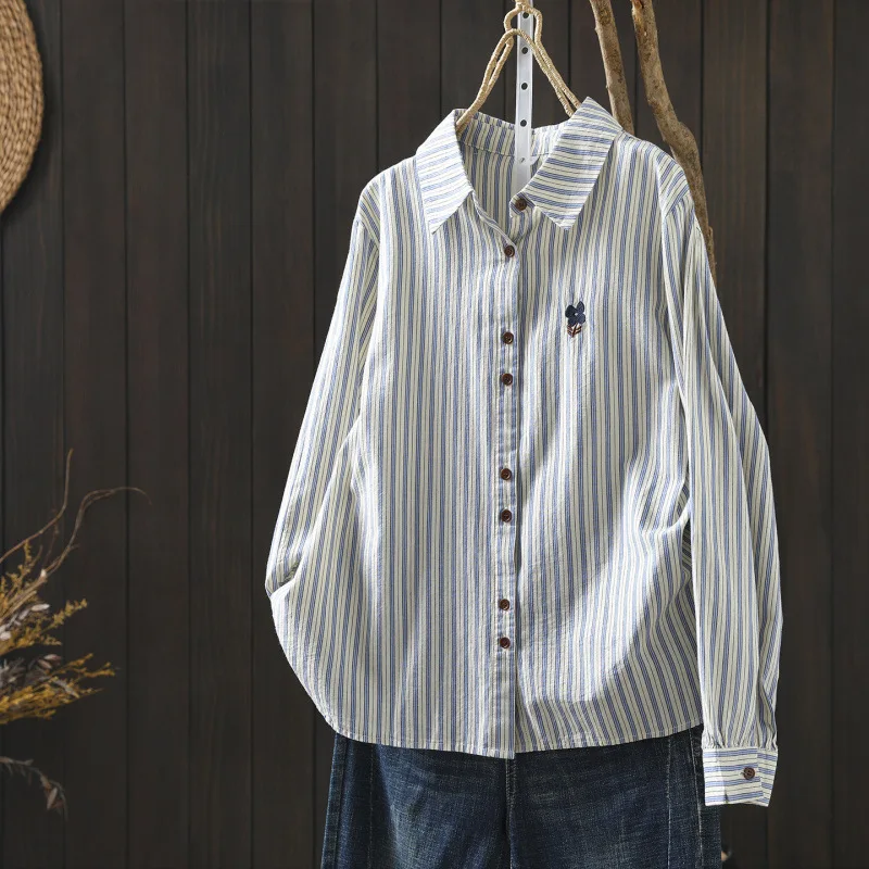 

Women Mori Girl Vintage Striped Embroidery Cotton Shirts Spring New Turn Down Collar Long Sleeve Casual Loose Blouse Tops