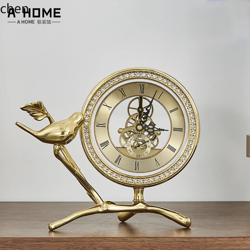 HT Light Luxury Pure Copper Bird Clock Ornament for Living Room, Wine Cabinet, Bedside Table, Creative Desktop