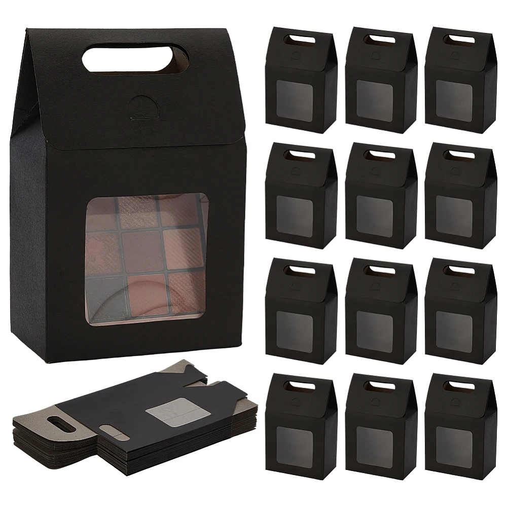 24pcs Black Gift Box with Handle Small Goodies Boxes Gable Paper Party Favor Boxes Container with Window for Gift Packaging