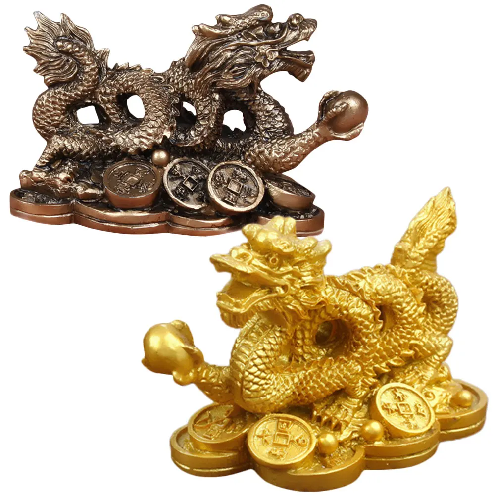 

2Pcs Auspicious Resin Statues Creative Desktop Decor Vintage Style Resin Ornaments Office Shelf Adornments