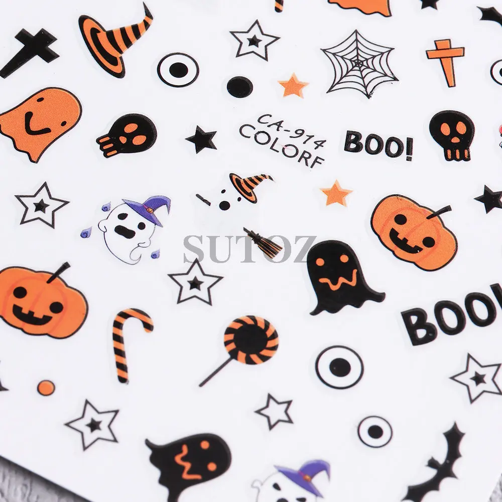 3D Cute Ghost Nail Sticker Colorful Halloween Decoration Cartoon Pumpkin Nail Slider Black Cat Spider Bat Manicure Decals LEB-CA