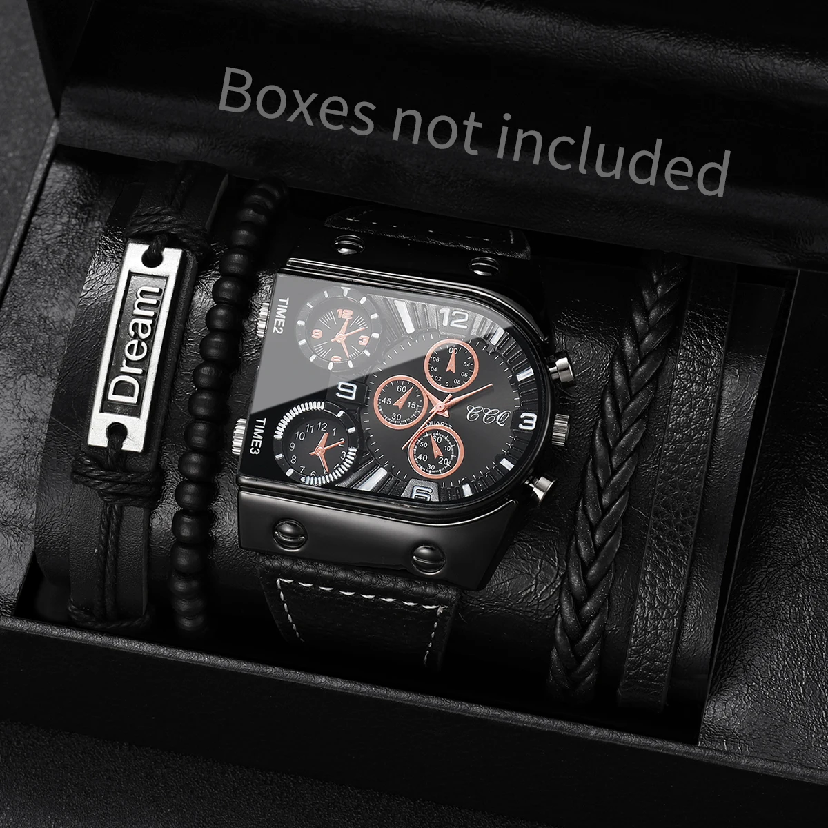 

4/5PCS Fashion Big Dial Men Quartz Watches Casual Leather Band Mens Sports Watch Vintage Bracelets Set（Without Box）