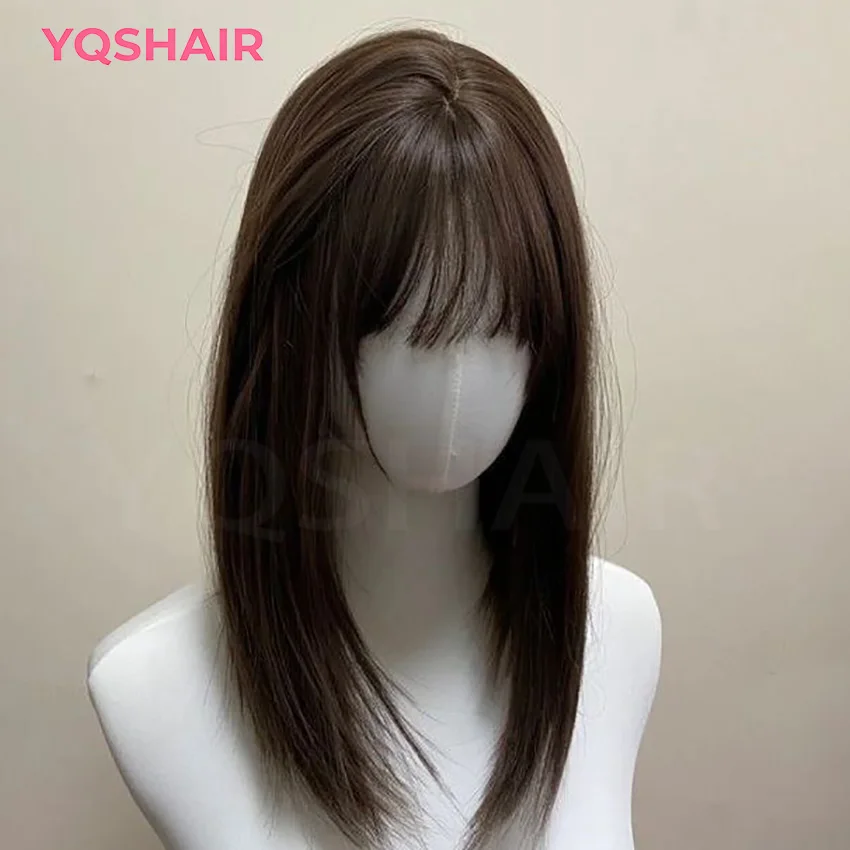 

2 # Темно-коричневый с челкой 6x6 дюймов, шелковая основа, верхний парик, бесклеевой парик для женщин, 24 дюйма, парики из 100% человеческих волос Remy с эластичной сеткой из искусственной кожи вокруг