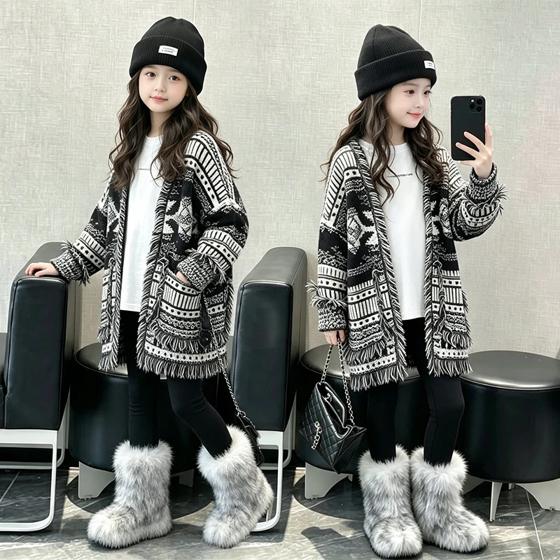 Girls Clothing Knit Cardigan Sweaters Tassels Embroidered Pocket Sweater Coats Loose Thick Long Cardigan Knitwear Overcoat Kids