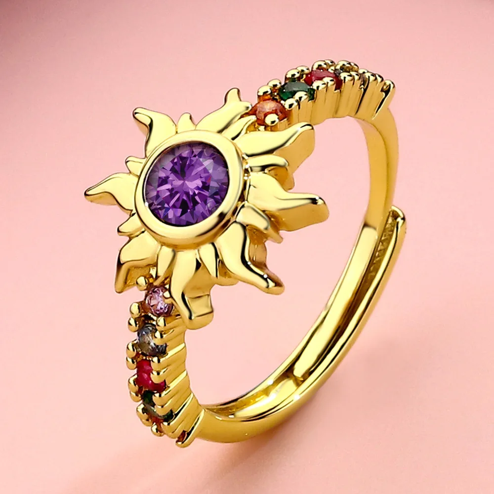 Purple Crystal Multicolor Zircon Sun Flower Opening Rings For Women Vintage Gold Silver Color Wedding Bands Engagement Jewelry