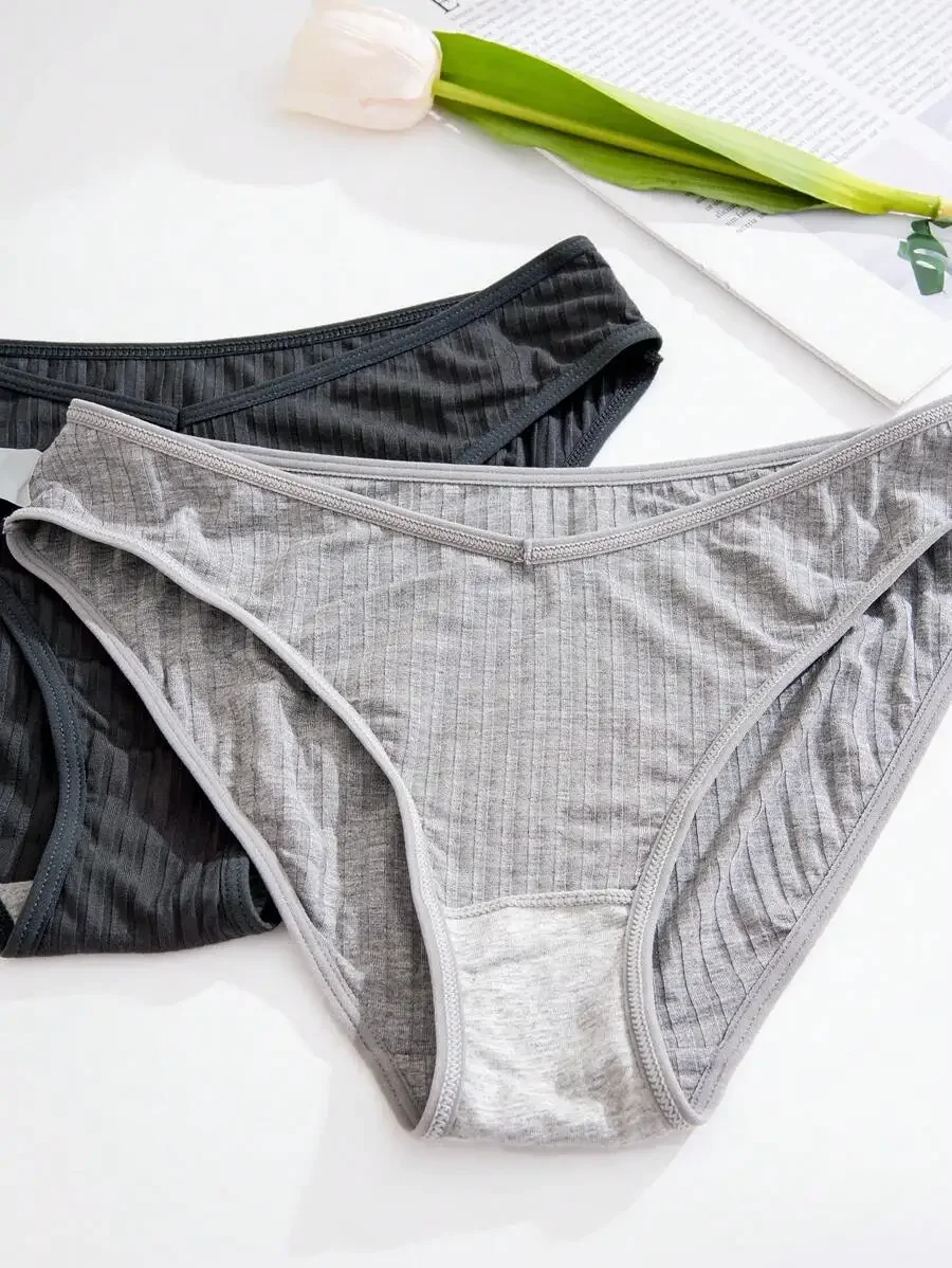 

Womens Ribbed Triangle Panties V-Shaped Waist Solid Color (12pcs)