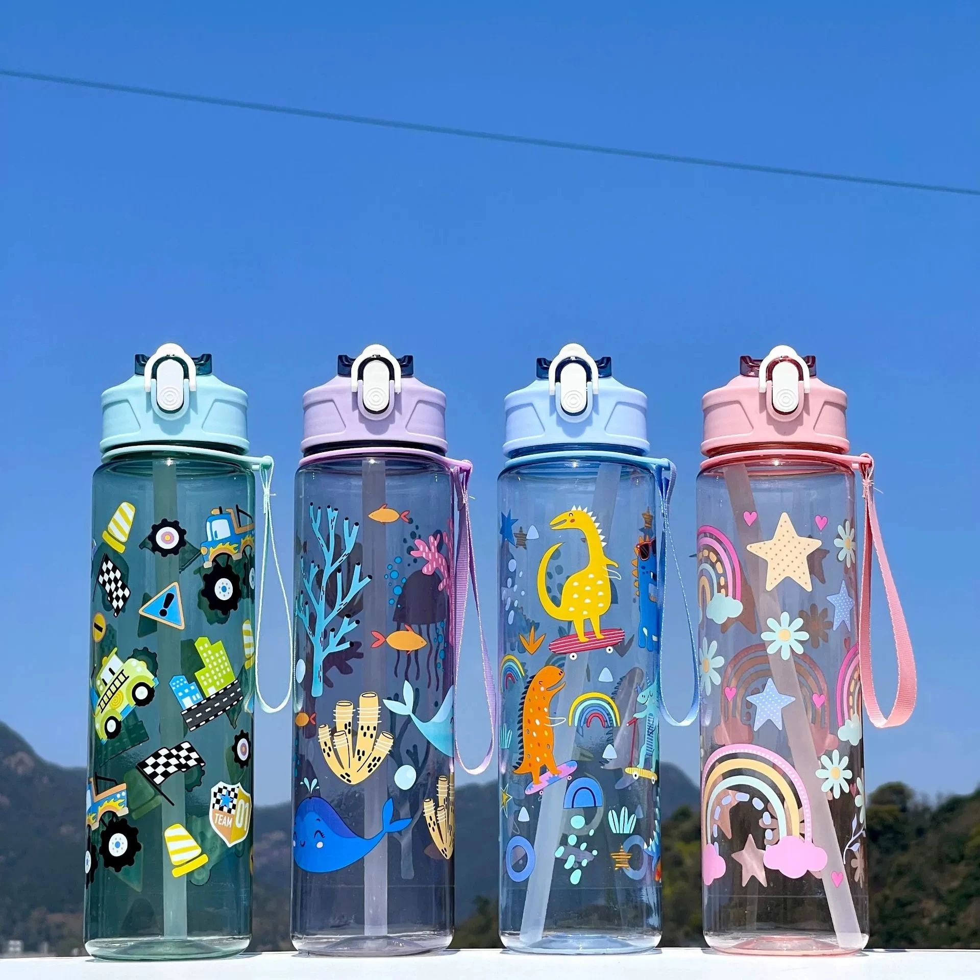 

New Cute Cartoon Plastic Water Bottle with Straw Lid Portable Leakproof Sports Camping Water Bottle For Students Kids Drink Cup