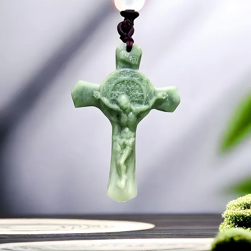 

Natural Real Jade Cross Pendant Necklace Talismans Designer Luxury Gift Fashion Gemstones Stone Carved Jewelry Chinese