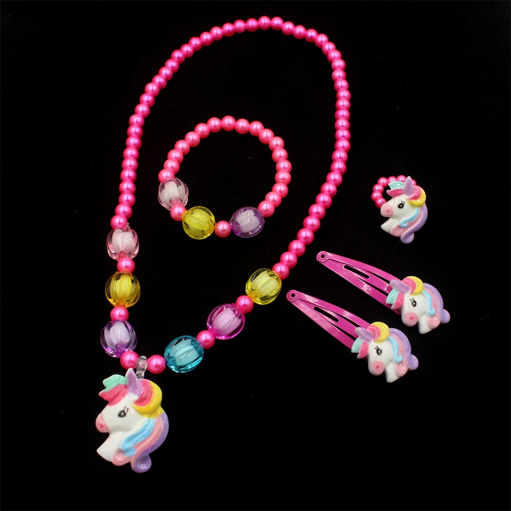 1 Set Handcrafted Unicorn Kids Beaded Jewelry Set Cute Animal Necklace Bracelet Ring and Hair Clips Set for Little Princess Gift