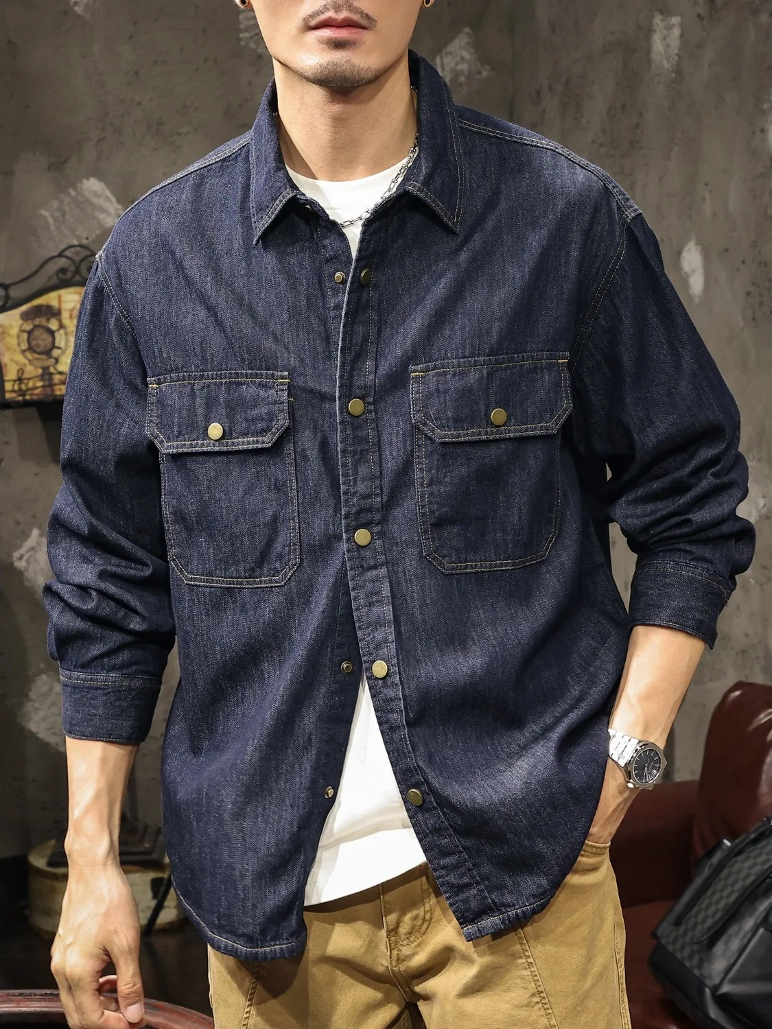 

Men's Casual Denim irt Waed Cotton Polyester Blend Long Sve Button up Classic Sle Spring Autumn Wear Resistant