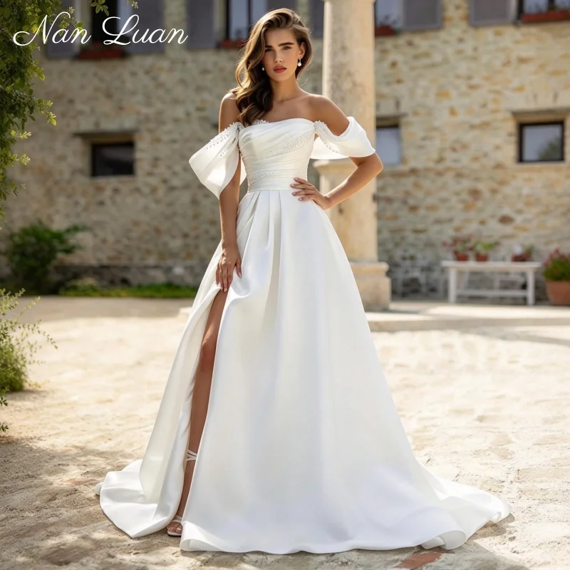 Elegant Satin A Line Wedding Dress Off Shoulder Pearls High Split Vestidos De Novia Customized