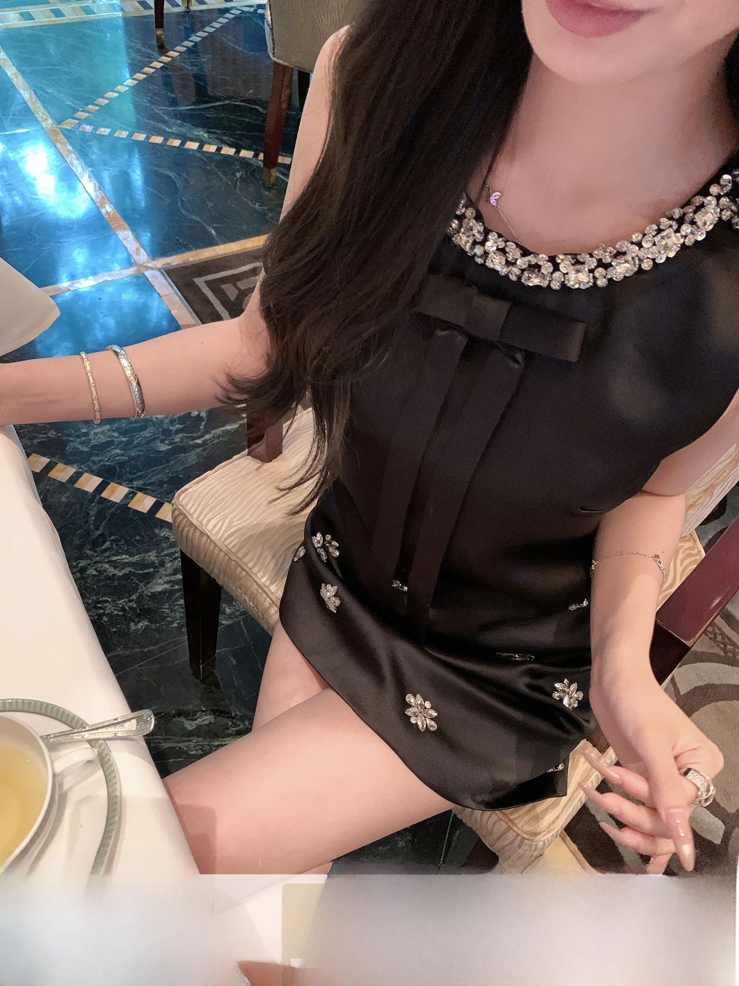 

YOLI Zhang Yuli Study Abroad Moonlight Black round Neck Dress Women's Spring Heavy Work Luxury Slimming Short Skirt Elegant S...