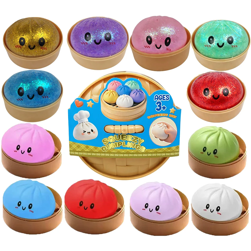Glitzernde Dumpling Squishies Spielzeug-Box Bun Baozi Dumpling Mystery Box Bunte Lebensmittel-Squishies Sensorisches Fidget-Spielzeug Anti-Stress-Quetschbälle