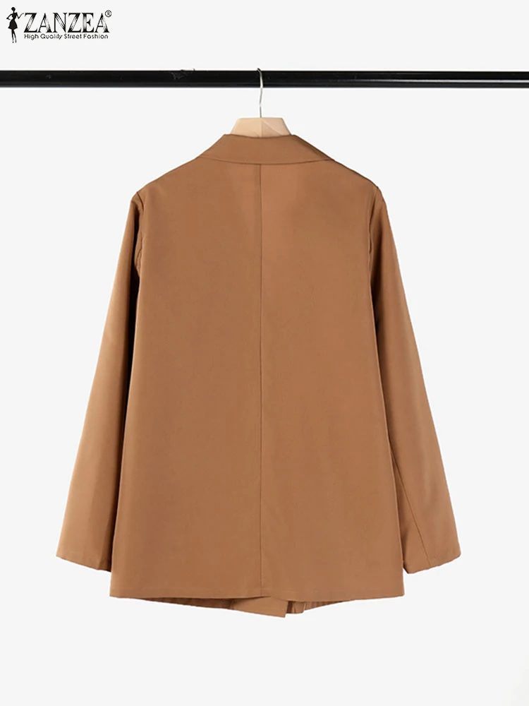 سترة ZANZEA لخريف 2025 خفيفة الوزن للنساء أنيقة OL مع طية صدر مدببة وأكمام طويلة مزدوجة الصدر بلون واحد سترات بدلة