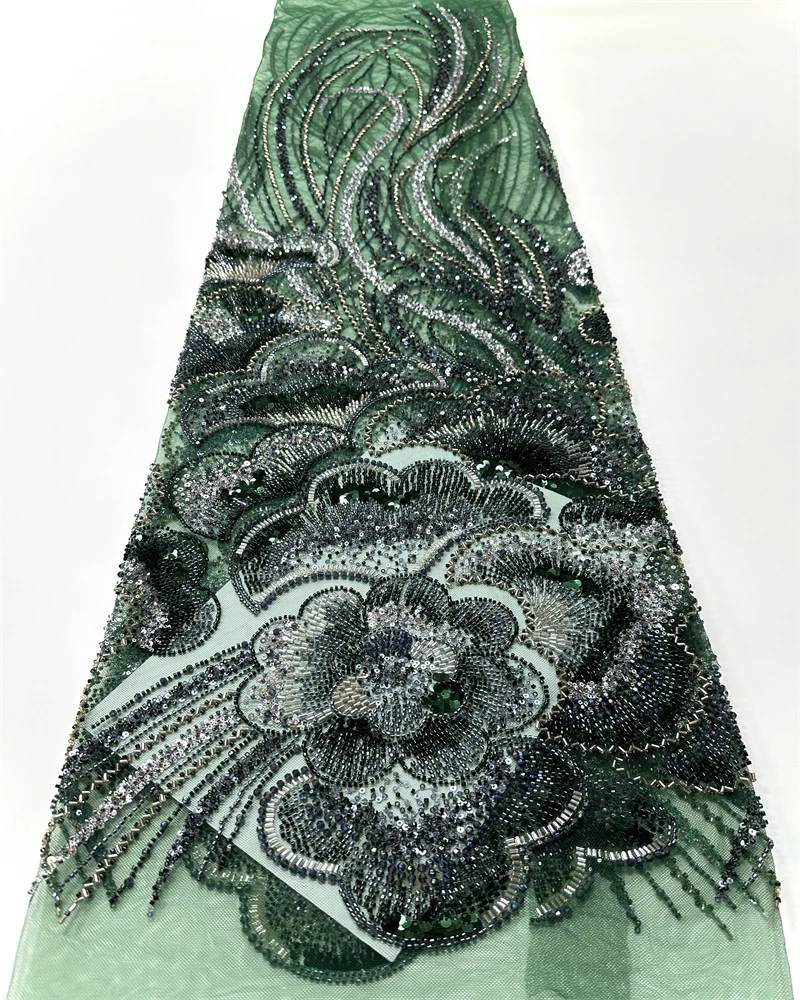 

African Heavy Beaded Lace Fabric French Bridal Sequins Lace Fabric Luxury Nigerian Tulle Lace Fabric Couture Materie