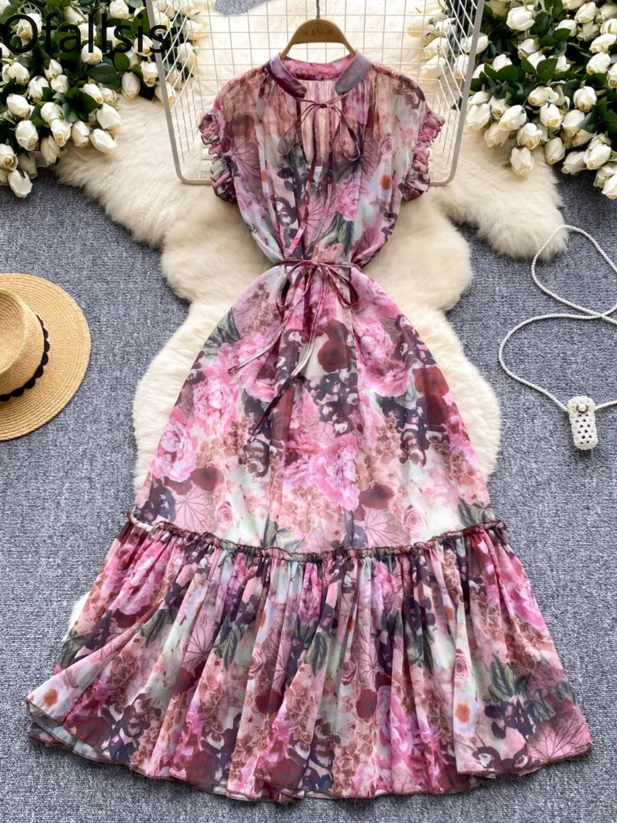 Ofallsis French Style Light Mature Hollow Lace Up Waist Slim Printed Dress 2024 Summer New Ruffle Edge Chiffon Suspender Dresses