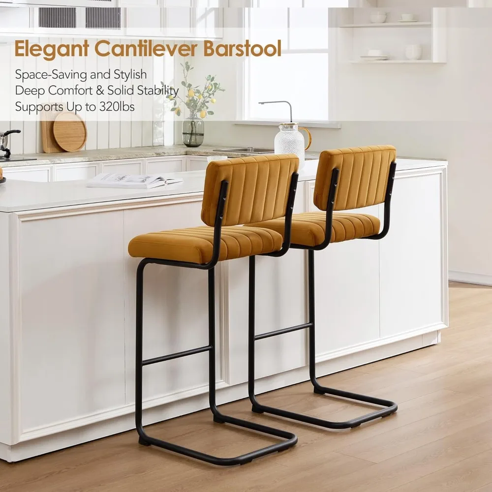 30 Inch Modern Bar Stools Set of 2, Upholstered Mid Century Modern Bar Height Stools Chairs with Tufted Cushion and Backs,