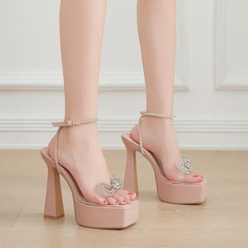 Sexy Peep Toe Platform Square Head Buckle Strap Rhinestone Butterfly-knot 16CM High Heels Women Sandal Summer Shoe