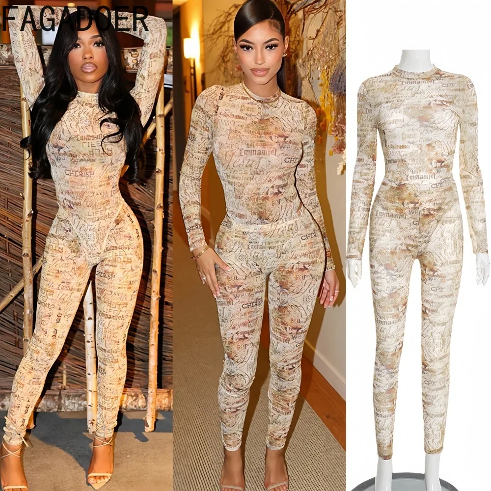 

FAGADOER Sexy Letter Print Two Piece Outfits Woman Round Neck Long Sleeves Crop Bodysuits and Pants Female Streetwear Clothing