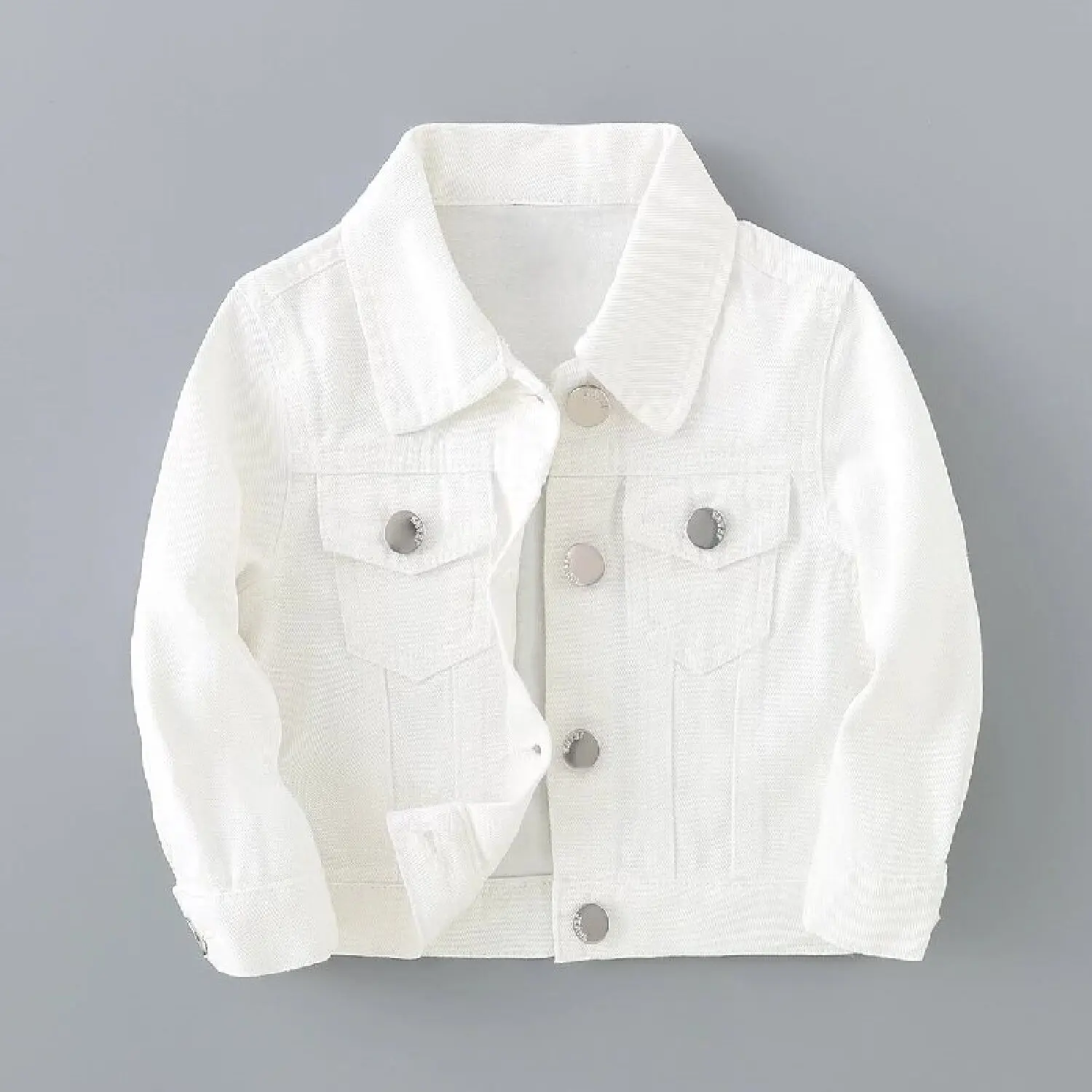 Girls denim coat baby spring and autumn lapel front pocket shaking head small white buckle white