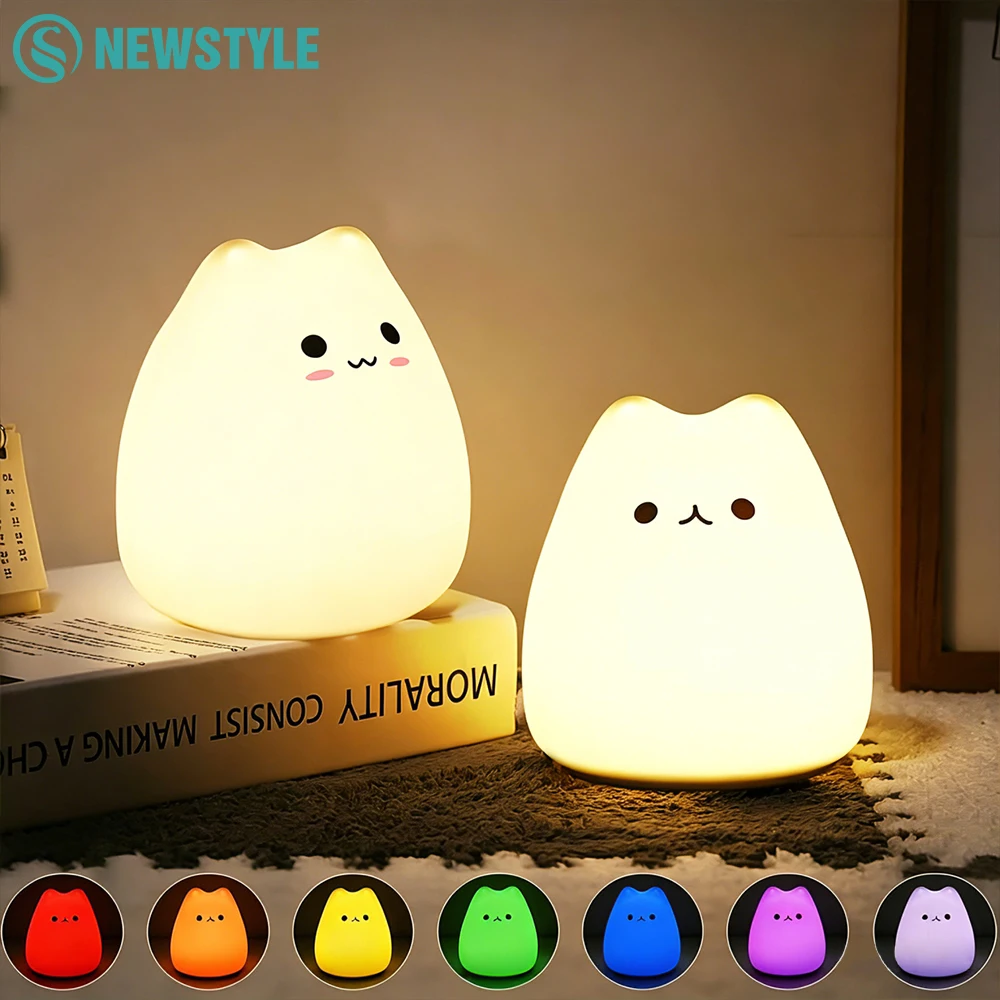 Cute Cat Night Light RGB Color Changing Nursery Nightlights with Warm White and 7-Color Breathing Modes For Kids Baby Children