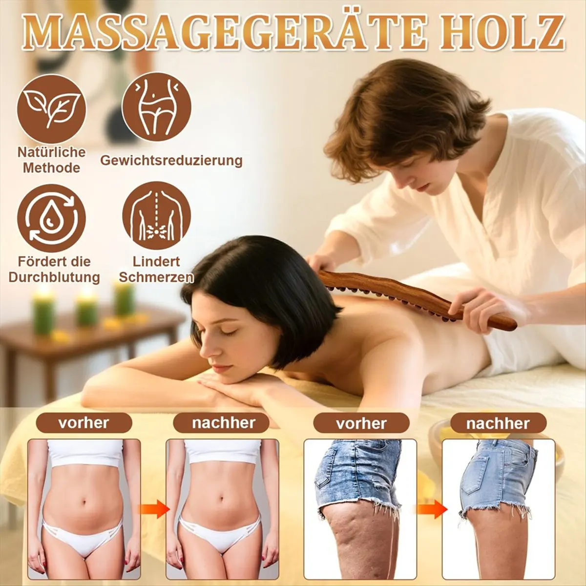 [N84R] Gua Sha Wooden Therapy Stick, Wooden Massage Stick with 31 Wooden Massage Beads, Fascia Stick, Full Body Scraping Stick
